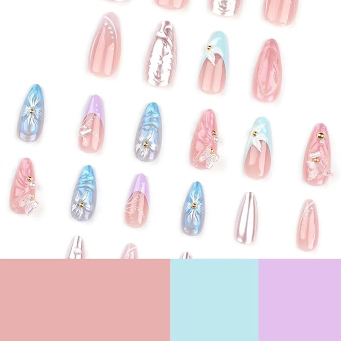 Flower Nail Press ons Butterfly Fake Nails with 3D Design Medium Almond False Nails French Tip Glue on Nials Reusable Artificial Acrylic Full Cover Spring Stick on Nails for Women Girls Manicure 24Pcs