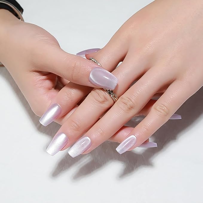 evpct Cat Eye Coffin Press on Nails Square Medium, Medium Square Glue on Nails for Women Gift, Light Lavender Purple Metallic Glitter Glossy Reusable Spring Summer Gel Press on Fake Nail with Designs
