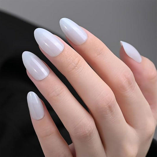 evpct Press on Nails Almond Short, White Glitter Shimmer Shiny Short Almond Fake Nails for Women Gift, Soft Gel Press Glue On Nails with Nail Glue, 30Pcs Reusable Acrylic Fake Nail Manicure Kit Set