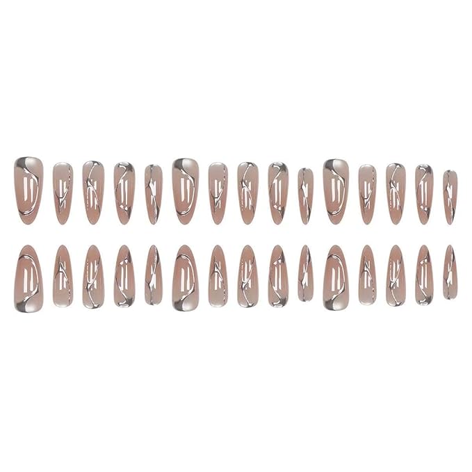 30 Pcs Long Press on Nails Almond Fake Nails Cat Eye Design Glue on Nails 3D Silver Line Glossy Acrylic Nails Full Cover Stick on Nails for Women 24 Pcs