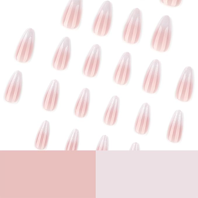 Glitter Nude White Press on Nails Medium Almond Fake Nails Glossy Gradient Acrylic Nails French Press on Nails with Designs Artificial False Nails Full Cover Stick on Nails for Women 24 Pcs