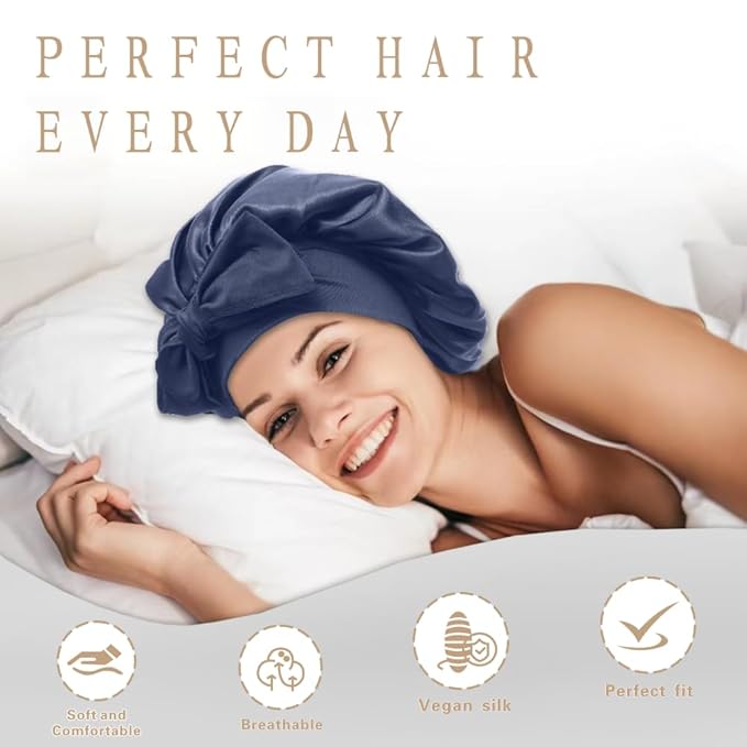 Silk Bonnet for Sleeping Women, Ajustable Hair Bonnet for Curly Hair with Tie Band Shower Caps Bark Blue，Large