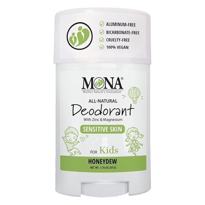 MONA 100% Natural Deodorant for Kids, Preteens & Teens | No Baking Soda, Synthetic Scents or Aluminum | Safe for Girls & Boys with Sensitive Skin | Hypoallergenic & Vegan (HONEYDEW 1.76 Oz)