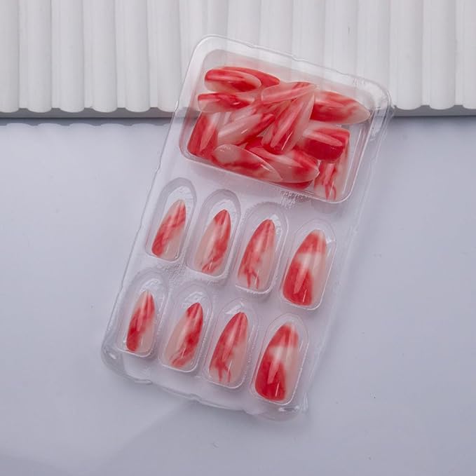 Press on Nails Almond Fake Nails Short Red Acrylic False Nails Press ons Glossy Gradient Marble Glue on Artificial Nails Full Cover Stick on for Women Manicure Art Decoration 24Pcs