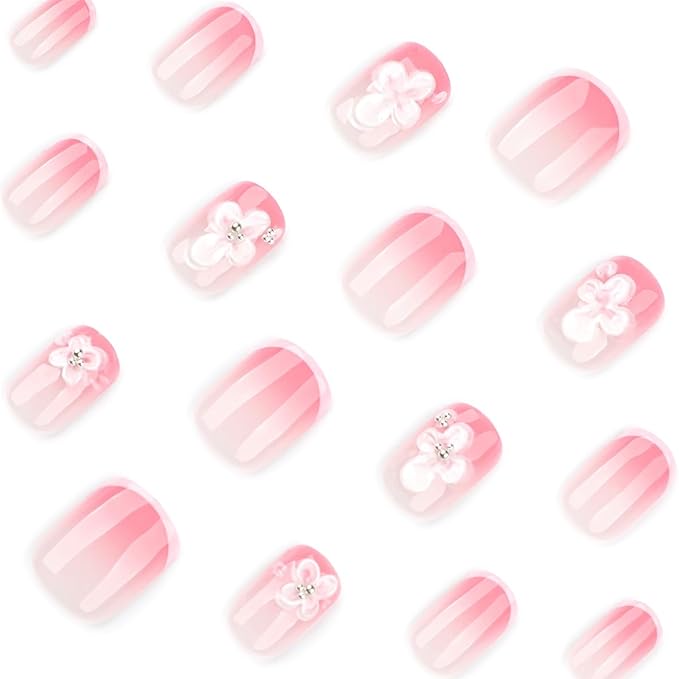 24Pcs French Tip Press on Nails Short Square Fake Nails 3D Flower False Nails with Charms Summer Glue on Nails Full Cover Glossy Gradient Pink Acrylic Nails White Flower Stick on Nails for Women