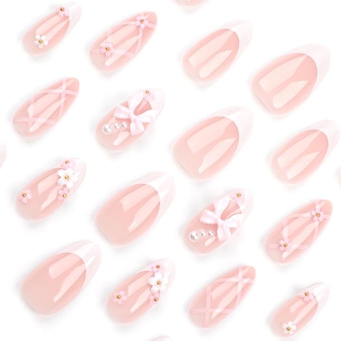French Press on Nails Medium Rhinestone Pink Fake Nails Almond Bling Glossy 3D Flower False Nail Tips Artificial Nails Finger Manicure for Women&Girls -24 pcs