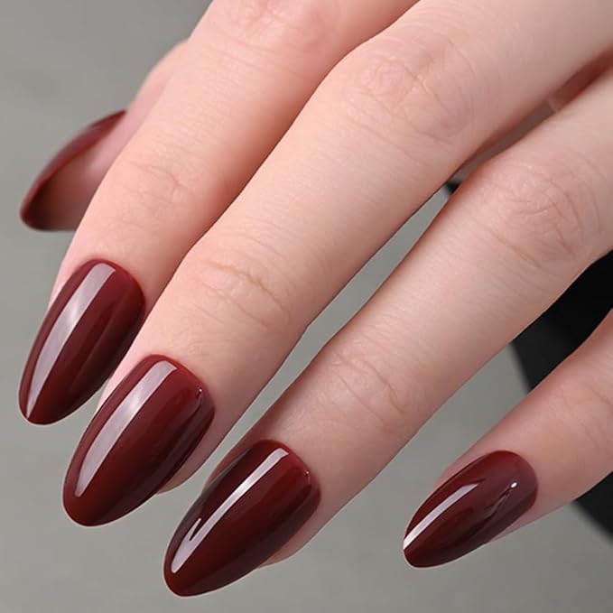 evpct Glossy Press on Nails Short Almond Short for Women, Cherry Wine Red Fake Nail with Glue Salon Quality Reusable Stick on Nails In 15 Sizes 30Pcs Full Cover False Nail Soft Gel Set Kit for Gift