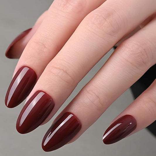 evpct Glossy Press on Nails Short Almond Short for Women, Cherry Wine Red Fake Nail with Glue Salon Quality Reusable Stick on Nails In 15 Sizes 30Pcs Full Cover False Nail Soft Gel Set Kit for Gift