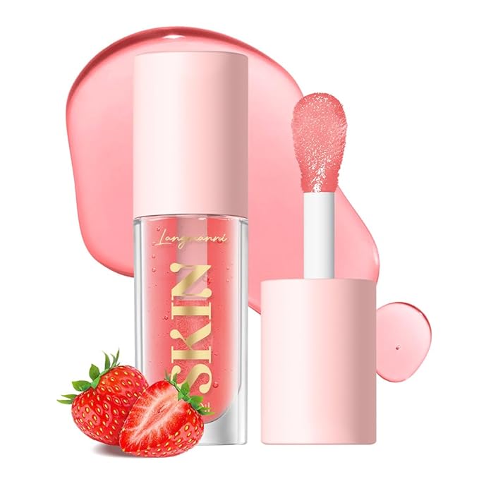 2Pack Big Brush Head Hydrating Lip Glow Oil Plumping Lip Tint, Hydrating Lip Gloss Tinted Lip Balm Transparent Lip Care, Long Lasting Nourishing Non-sticky Fresh Texture (Strawberry + Raspberry)