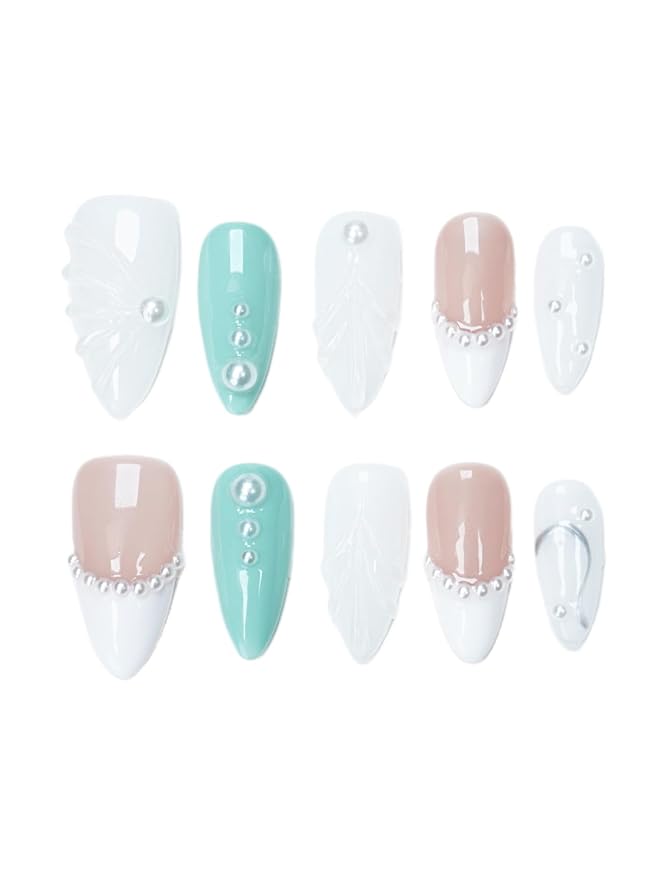 3D Pearl Press On Nails Medium Almond- Handmade Nude Base Mint Green with 3D Leaf Design -Gel Acrylic 10pcs Reusable (Forest Elves, Size M)