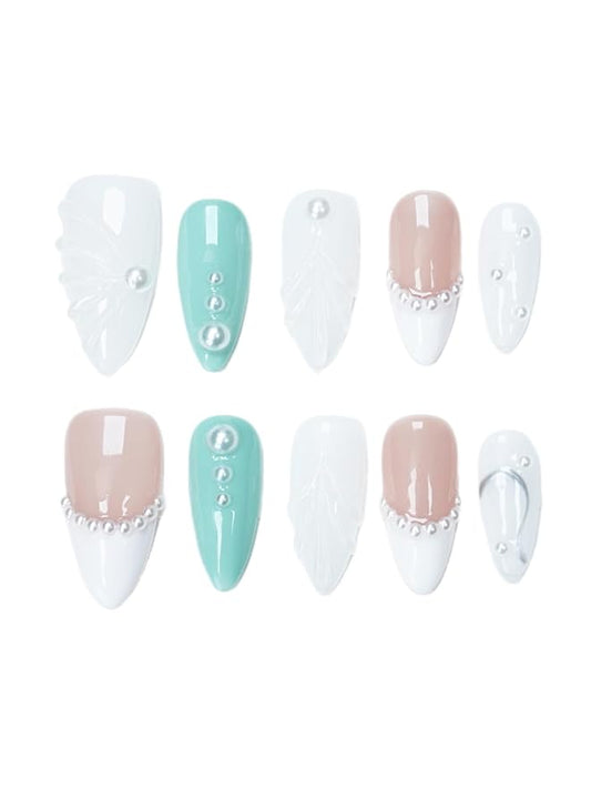 3D Pearl Press On Nails Medium Almond- Handmade Nude Base Mint Green with 3D Leaf Design -Gel Acrylic 10pcs Reusable (Forest Elves, Size M)