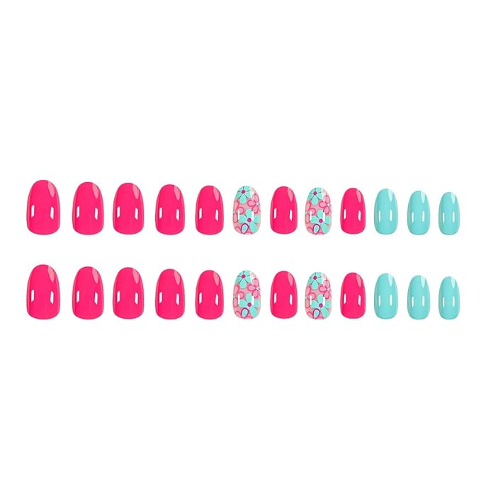Flower Press on Nails Pink Fake Nails with Blue Design Floral Glue on Nails Glossy Artificial Acrylic Full Cover Stick on Nails Short Almond False Nails for Women Manicure 24Pcs