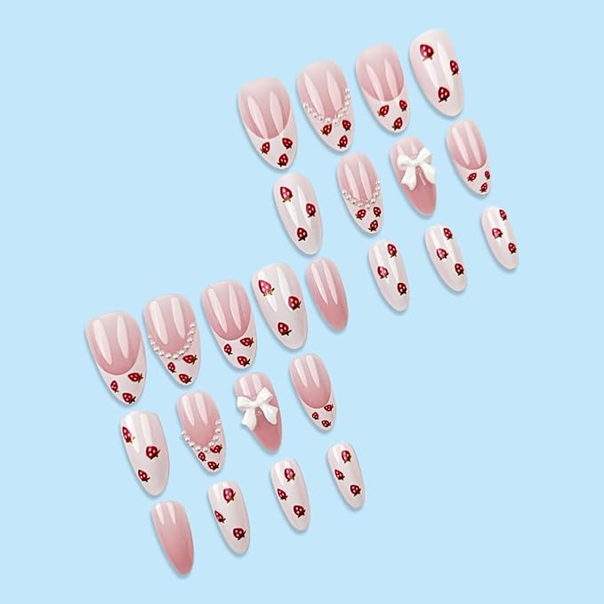 24Pcs French Tip Press on Nails Short Almond Fake Nails with Pearl Spring Glue on Nails Bow Charms False Nails Strawberry Acrylic Nails Cute Stick on Nails Fruit Full Cover Artificial Nails for Women
