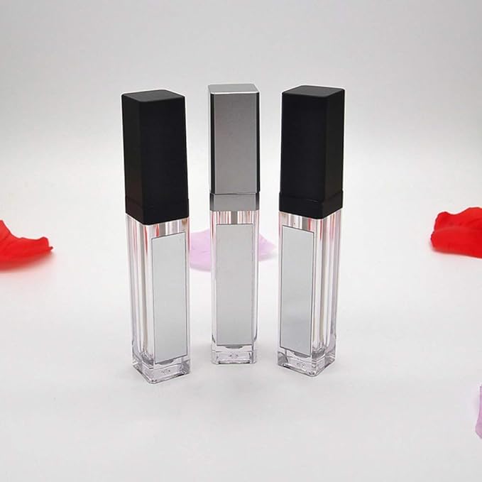 10 Pcs 7.5ml Square Clear Plastic Lip Gloss Tubes Vials with Mirror LED Light Lip Glaze Tube Bottles Empty Refillable Makeup Lipstick Tube DIY Cosmetic Container Travel for Woman Girl(Black)