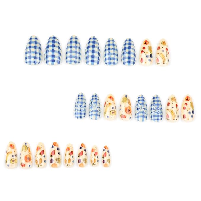 24Pcs Summer Press on Nails Medium Almond Fake Nails Strawberry Lemon Peach with Blue plaid Full Cover Artificial Nails Glue on Nails Fruit False Nails Cute Summer Nail Designs for Women Acrylic Nails