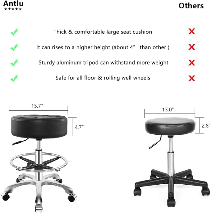 Rolling Stool for Shop Work Medical Tattoo Salon Lash,Heavy Duty Esthetician Hydraulic Chair Stool with Wheels (Black,with Foot Rest)