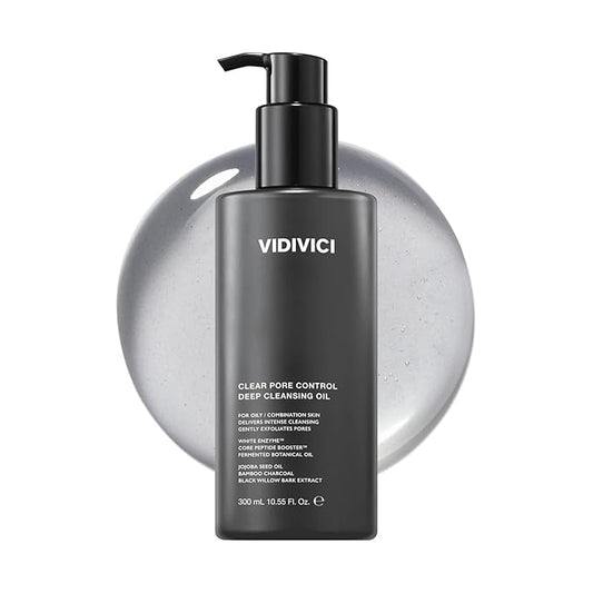 VIDIVICI Clear Pore Control Deep Cleansing Oil 10.14 fl.oz | Makeup remover with blackhead care, Korean facial cleanser for oily skin, Sebum control with Bamboo Charcoal Powder, Korean skin care