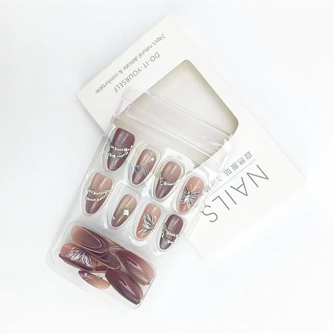 Almond Press on Nails Medium Fake Nails Sparkly Glue on Nails Full Cover Gem False Nails with Butterfly Rhinestones Design Pink Glossy Acrylic Nail for Women Manicure Supplies 24Pcs