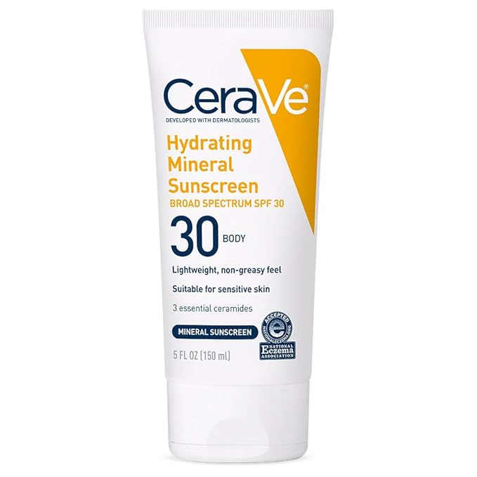 CeraVe 100% Mineral Sunscreen SPF 30 | Body Sunscreen with Zinc Oxide & Titanium Dioxide | Hyaluronic Acid & Ceramides | Oil Free | Non-Greasy | Hydrating Mineral Sunscreen For Body | 5 oz