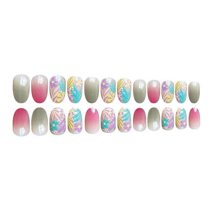 Short Almond Press on Nails Colorful Fake Nails Flower False Nails Floral Grass Gradient Design Glossy Summer Glue on Nail Acrylic Full Cover Stick on Nails for Women Decor Salon Manicure