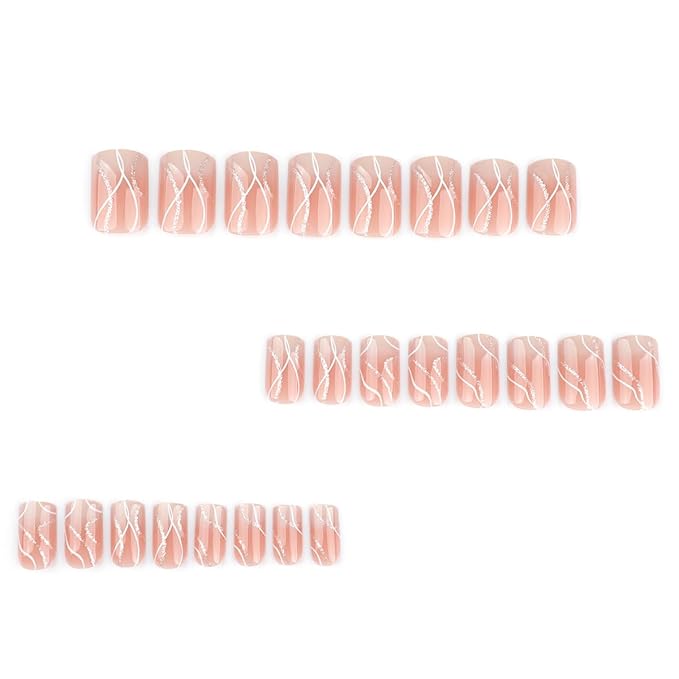 Medium Press on Nails Square Fake Nails Gradient Pink Stick on Nails White Wave Line Acrylic Nails with Silver Designs Full Cover Glue on Nails Reusable Nude False Nails for Women Girls Nail Art Decor