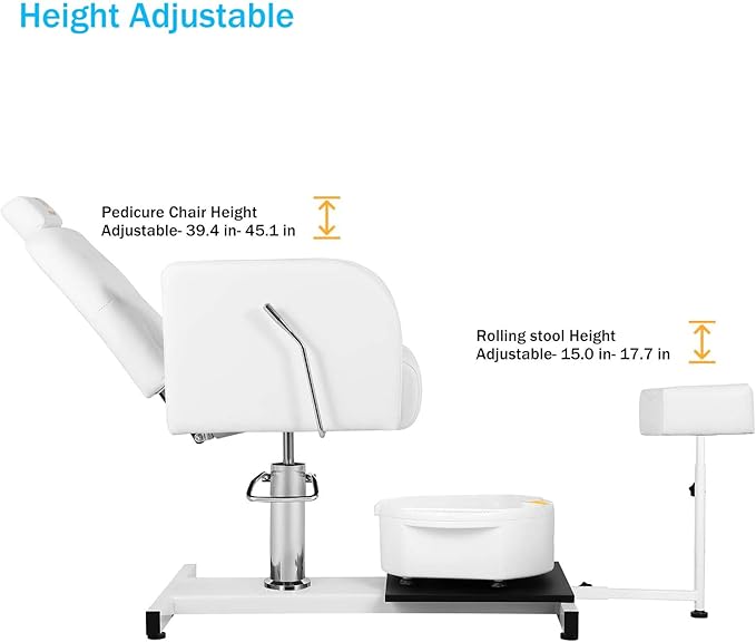 Pedicure Chair Station with Stool, 360° Rotation Hydraulic Reclining Pedicure Chair No Plumbing Unit Station with Foot Basin White