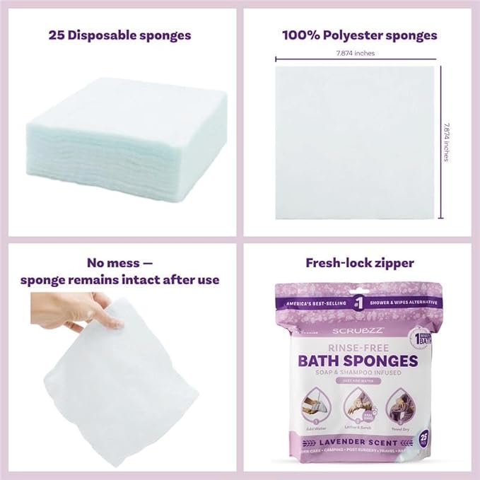 Scrubzz Disposable No Rinse Bathing Wipes - 25 Pack - All-in-1 Single Use Shower Wipes, Simply Dampen, Lather, and Dry Without Shampoo or Rinsing (Lavender, 1-Pack)