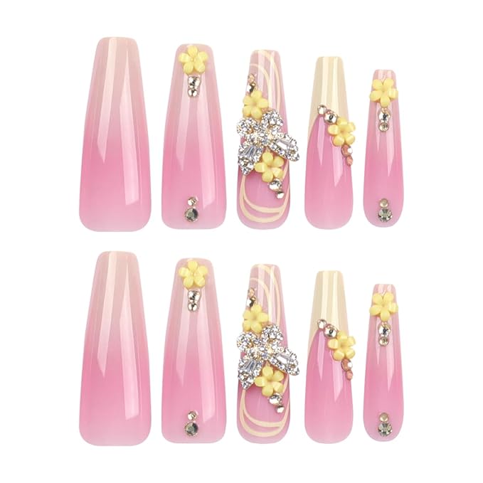 Pink Yellow Gradient Press on Nails Long Coffin Fake Nails 3D Butterfly & Flower Design Full Cover Glossy Glue on Nails for Women 24PCS