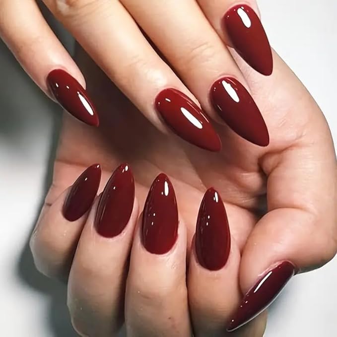 Wine Red Fake Nails Glossy Almond Press on Nails Medium Solid Color Acrylic False Nails Press ons Reusable Full Cover Artificial Nails for Women DIY Nails Decoration
