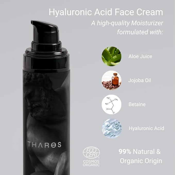 THAROS Men's Hyaluronic Acid Face Cream, Moisture Guard, Hydrating & Calming, 1.7 fl.oz, Natural Origin. Vegan. Normal & Dry Skin