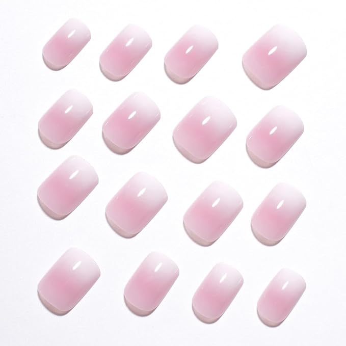 Pink Ombre Press On Nails Short Square, Gradient French Tip Designer Fake Nail Reusable Real Acrylic Nails for Women, Glossy Soft Gel False Nail with Glue On Nails, Wedding Stick On Nail