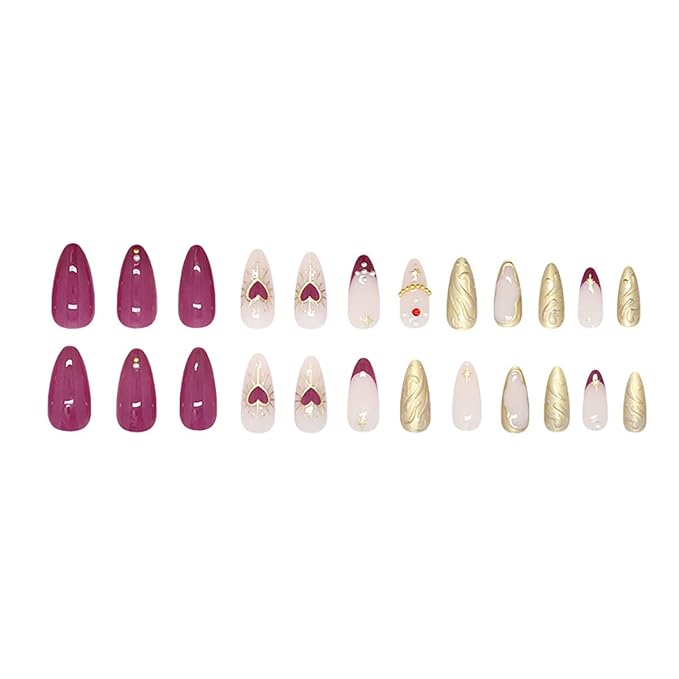 Press on Nails Long Almond Fake Nails Heart Star Gold Design French Tip False Nail Stick on Nails with Pearl Rhinestones Glossy Acrylic Reusable Nail Daily Wear DIY Nail Decoration Supplies for Women