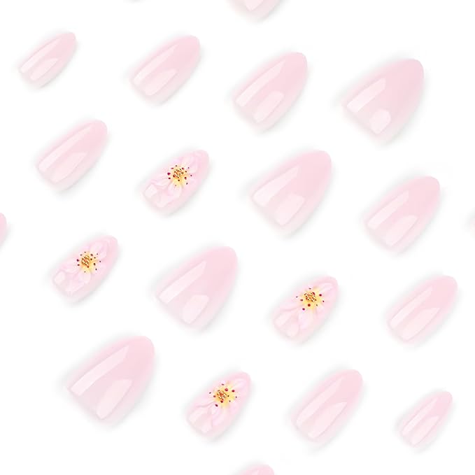Light Pink Short Press On Nails Almond, Cute Fake Nails with 3D Floral Blossom Detail, Glossy Gel Finish Acrylic Nails, Thick Reusable Glue On Nails Kit for Women, 24Pcs