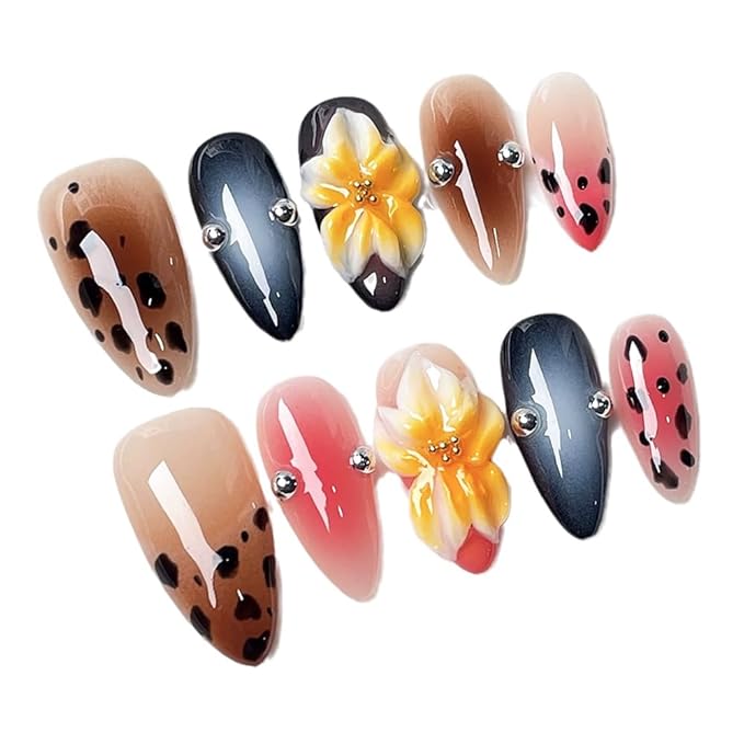 Handmade Press on Nails Almond Medium Fake Nails French Tip Leopard print with 3D Flower Charm Designs Brown Glossy Cute Fall Acrylic Nails for Women 10pcs (Size M）