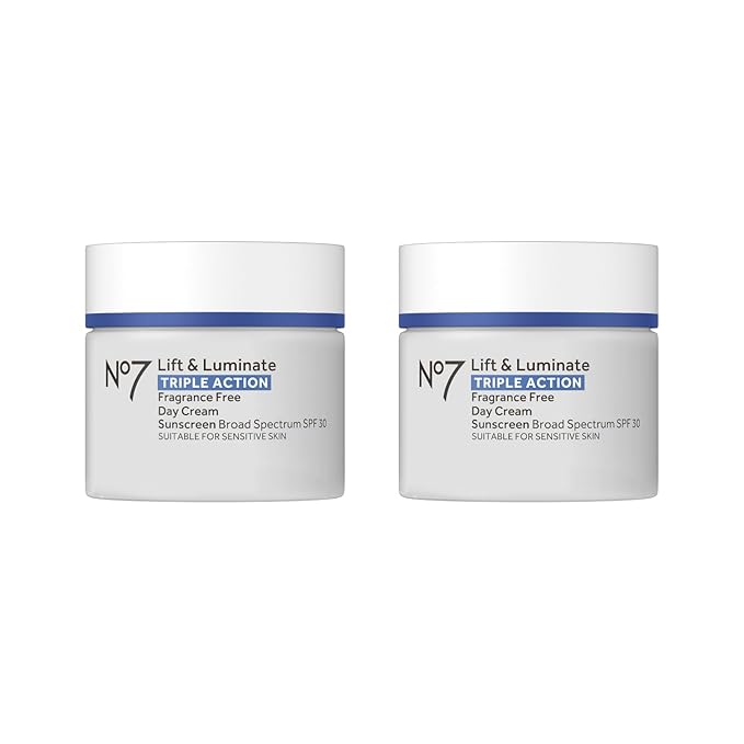 No7 Lift & Luminate Triple Action Fragrance Free Day Cream SPF 30 - Broad Spectrum Anti-Aging Face Cream - Hydrating Hibiscus Peptides & Hyaluronic Acid + Emblica & Vitamin C (2 pack, 1.69 Fl Oz each)