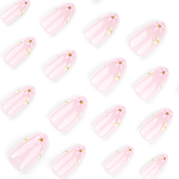 Spring Press-On Nails, Light Pink Fake Nails, Almond Shape Flower Artificial Nails with Gold Accents Designs, Medium Length Glue on Nails, Cute Stick on Nails for Women Girls, 24 Pcs
