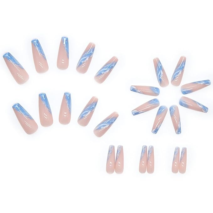 BABALAL Coffin Press-on Long French False Nails - 24pcs Blue Glossy Acrylic Nails with Nail Glue