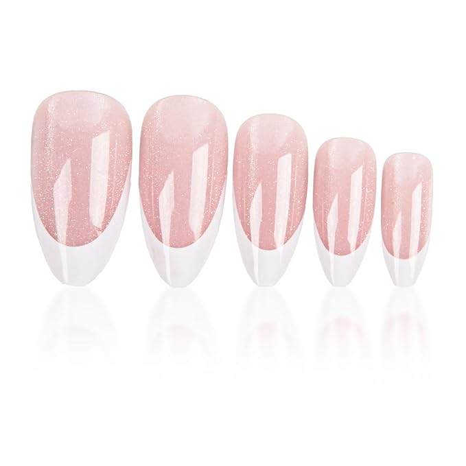 French Tip Fake Nails Almond Press on Nails Nude Pink Cat Eye Acrylic False Nails Press ons Glossy Nature Artificial Nails with White Glitter Designs for Women Girls Manicure Decoration 24Pcs