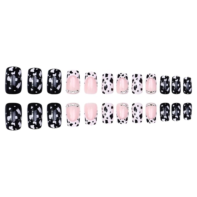 24Pcs Cow Press on Nails Short Square French Tip Fake Nails with Glitter Rhinestones Design Black White False Nails Full Cover Glue on Nails Glossy Leopard Cute Stick on Nails for Women DIY Acrylic
