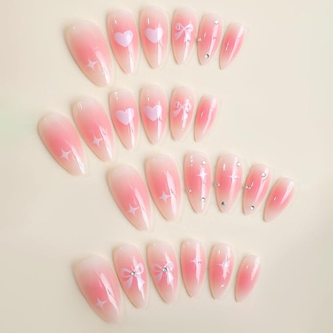 Pink Ombre Press on Nails Bow Fake Nails with Pearl Design 5D Floral Glue on Nails Glossy Artificial Acrylic Full Cover Heart Stick on Nails Medium Almond False Nails for Women Manicure 24Pcs