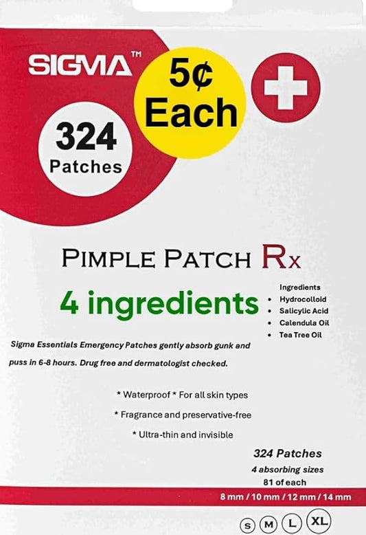 (5¢ Each) Pimple Patches 324 Pack - Hydrocolloid Acne Patches with Salicylic Acid & Tea Tree Oil - 4 Sizes S/M/L/XL - Face Acne Treatment - Easy Peel Perforated Sheets