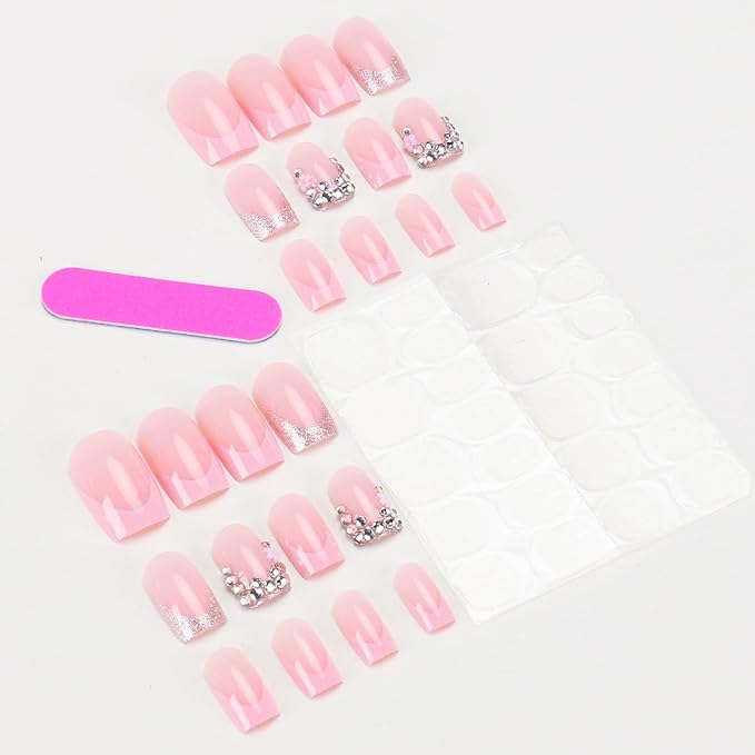 Pink French Tip Press on Nails Short Square Fake Nails with 3D Rhinestone Designs Glossy Pink False Nails Glitter Crystal Nail Tips Acrylic Nails Press on Artificial Nail Set for Women Manicure 24Pcs