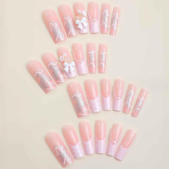 Pink Press on Nails Long,3D Pearl Fake Nails Square Bling Glossy Rhinestone False Nail Tips Artificial Nails for Women and Girls-24pcs
