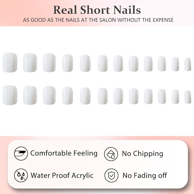 All White Press On Nails Short Square Nails Press on Acrylic Nails for Women, KQueenest Solid Color Glue on Nails Short Fake Nails for Girls Thick Press on Gel Nails Petite Come-Ready Glazed Nails