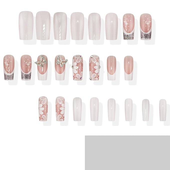 24Pcs White French Tip Press on Nails Medium Square Nails Spring Flower Fake Nails with Butterfly Designs White Floral Acrylic Nails Solid Color False Nails Silver Glitter Stick on Nails for Women