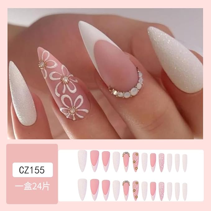 Flower Press on Nails White French Tip Fake Nails Long Stiletto False Nails with Rhinestone Design Nude Glue on Nails Glossy Artificial Acrylic Full Cover Glitter Stick on Nails for Women Manicure