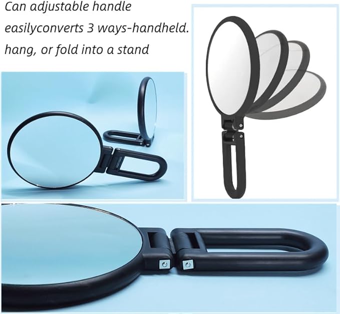 1X 5X Handheld Mirror with Handle for Travel， Magnifying Mirror, Magnification, Rotation Adjustable Handle, Double Sided Folding, Mirror for Women for Eyes Makeup Travel Shaving (Black)