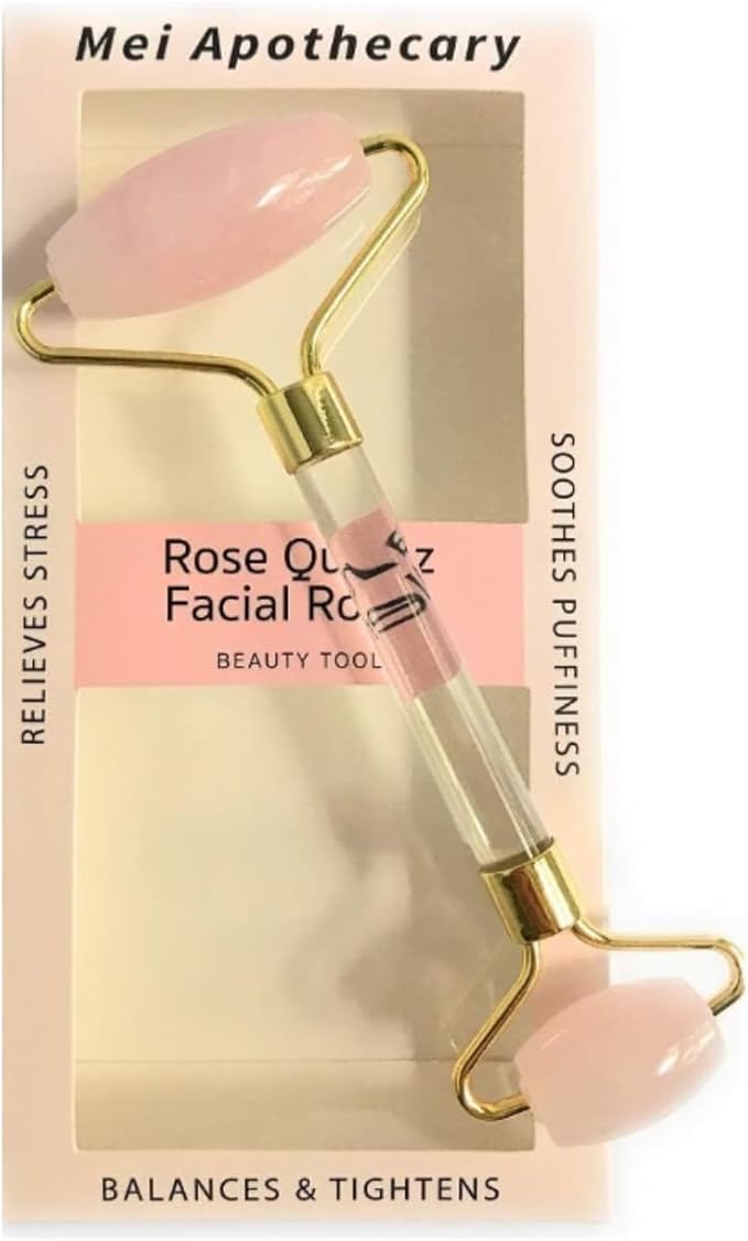 Mei Apothecary Rose Quartz Facial Roller, Authentic Face Roller for Puffiness, Depuffing Eye Roller & Face Massage Tool