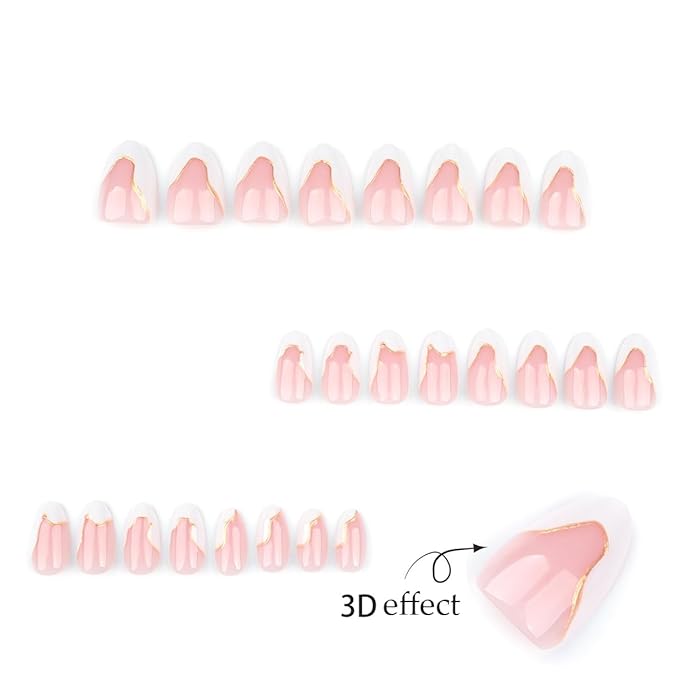 24Pcs Almond Press on Nails Short Fake Nails White French Tip False Nails with Gold Line Designs Glue on Nails Press ons 3D Acrylic Nail Nude Pink Glossy Full Cover Stick on Nails for Women Manicure