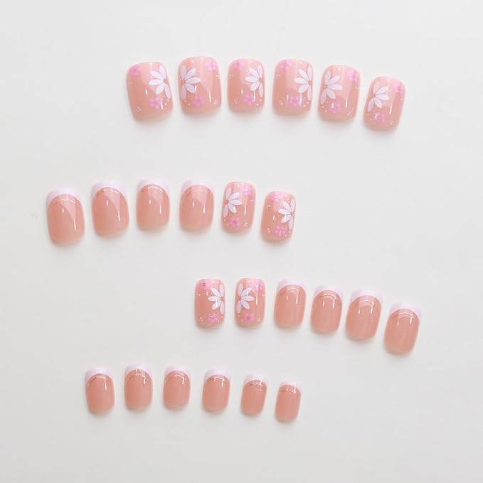 24Pcs Flower Press on Nails Short Square Fake Nails White French Tip False Nails with Gilding Design Spring Summer Stick on Nails Nude Nail Supplies Full Cover Artificial Glue on Nails for Women DIY